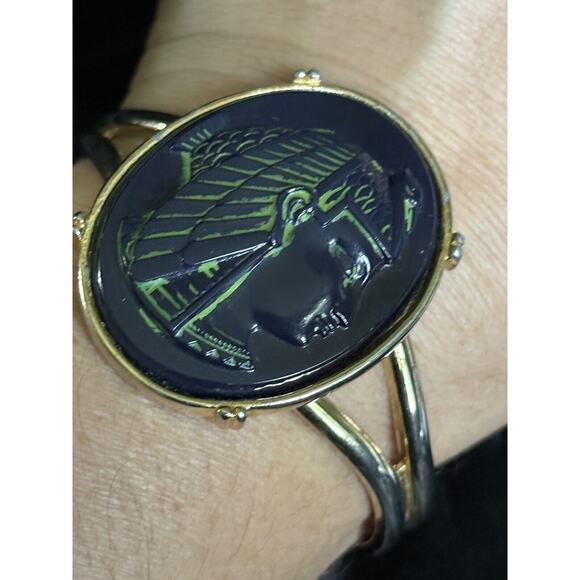 Pharaoh Egyptian Revival Cuff Bracelet Blue Glass & Gold Tone Statement Bracelet - Picture 12 of 13